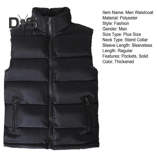 Men Waistcoat Stand Collar Sleeveless Vest Coat with Pockets Zipper Closure Warm Comfortable Down Waistcoat