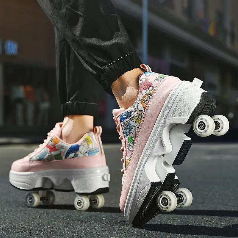 

Fashion Outdoor Roller Shoes For Women Adult 4 Wheels Deformation With Wheels Shoes For Unisex Children Girls Casual Sneakers EUR-34