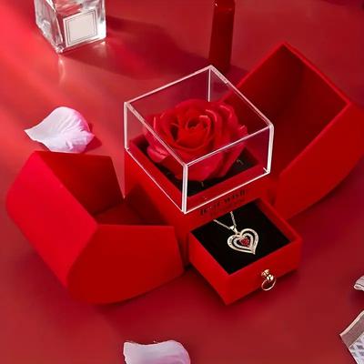 Heart Necklace with Red Rose Gift Box for Mother's Day Present, Christmas Day, Valentine's Date Souvenir, Anniversary Keepsake