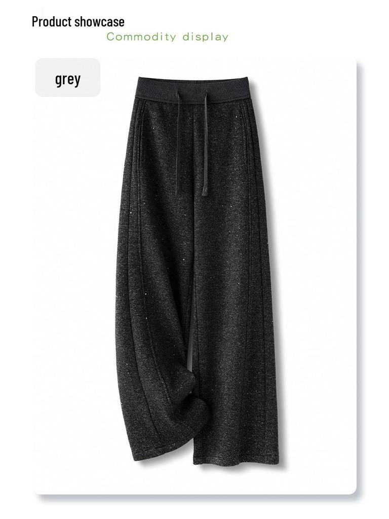 Gray Rhinestone Wool Wide-Leg Pants - Women's Winter 2025 High-Waisted Velvet-Enhanced Straight-Leg Trousers