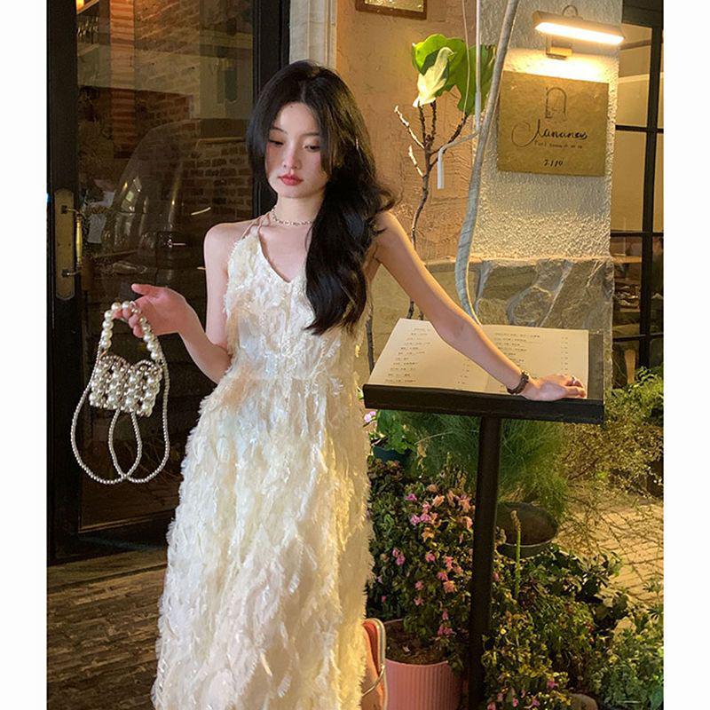 

Ethereal Tassel Feather Dress: Summer Slim Fit, Sweet High Waist, White Long Strap Dress, Trendy and Elegant. S (Suggested for 40-50 kg)