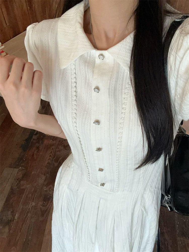 Women's Summer Puff Sleeve White Shirt Dress - College Style, Waist-Cinching, Sweet & Slim Fit