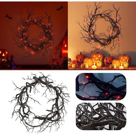 Black Wreath for Front Door, Halloween Wreath with Lights, Twig Wreath Halloween Lighted Garland Outdoor Halloween Decorations, Glitter Black Wreaths