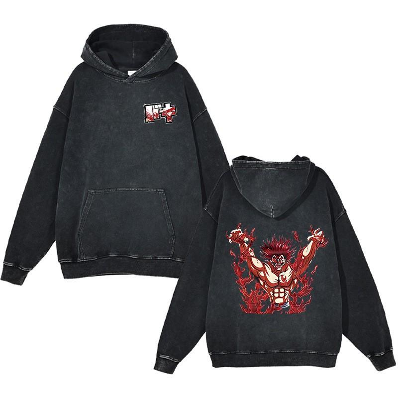 Baki Hanma Anime Streetwear Hoodie Heavyweight Cotton Washed Vintage Style Mens Long Sleeve Pullover