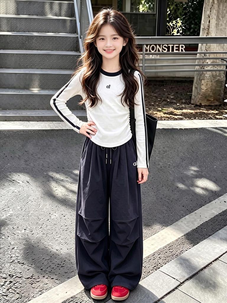 Girls' Embroidered Letter Two-Piece Set: Drawstring Wide-Leg Pants & Base Layer Top for Autumn 2026