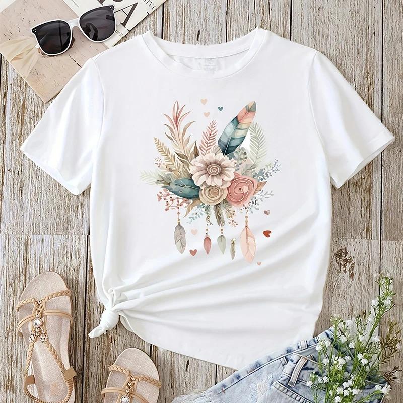 

Flower Feather Print T Shirt Casual Short Sleeve Round Neck T Shirt Fashion Retro Spring Womens White Fashion T Shirt S