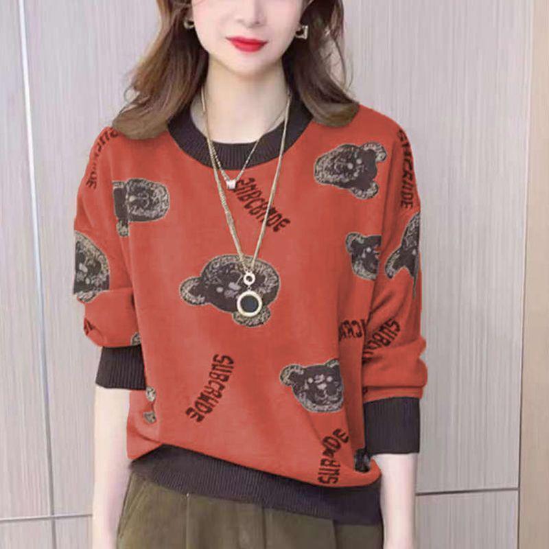 Women's Plush Little Bear Printed Base Layer Top - Warm, Loose, Plus Size, Autumn/Winter Style