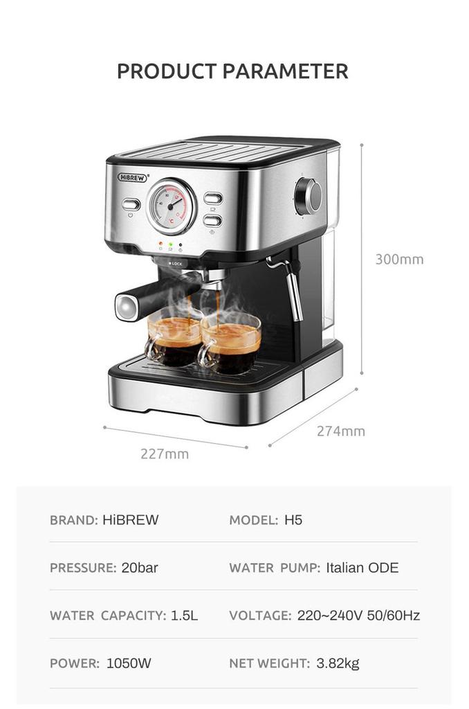 HiBREW H5 1050W Coffee Maker, 20 Bar Semi-Auto Cappuccino Espresso Coffee Machine, 1.5L Capacity, Temperature Display