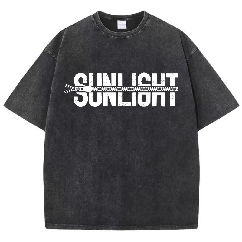 Sunlight Cotton Washed T Shirts Women Zipper Pattern Prints T-Shirts Distressed Oversized O-Neck Tops Womans Streetwear