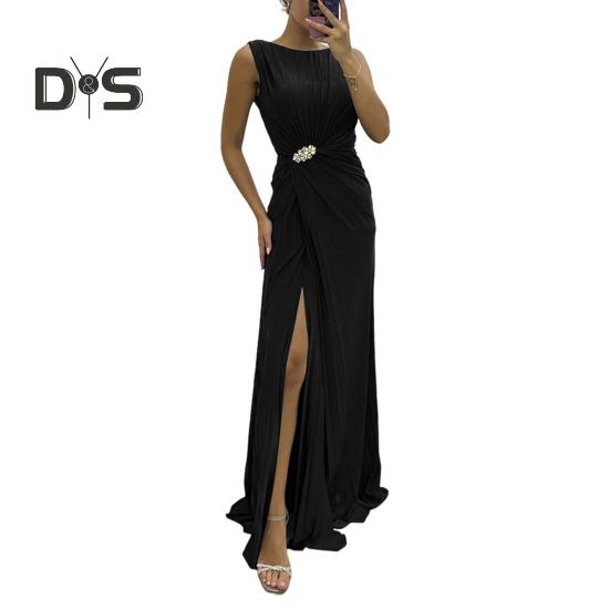 

Женское вечернее платье с плиссировкой и разрезом по низу, длиной до пола, однотонное, со стразами, без рукавов, с круглым вырезом, с высокой талией, со стразами, для выпускного вечера, коктейльной вечеринки L чёрный