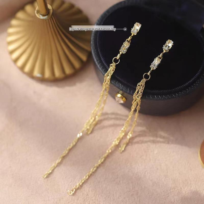 2023 Trendy Long Tassel Zirconia Square Stud Earrings for Women – Simple Niche Design