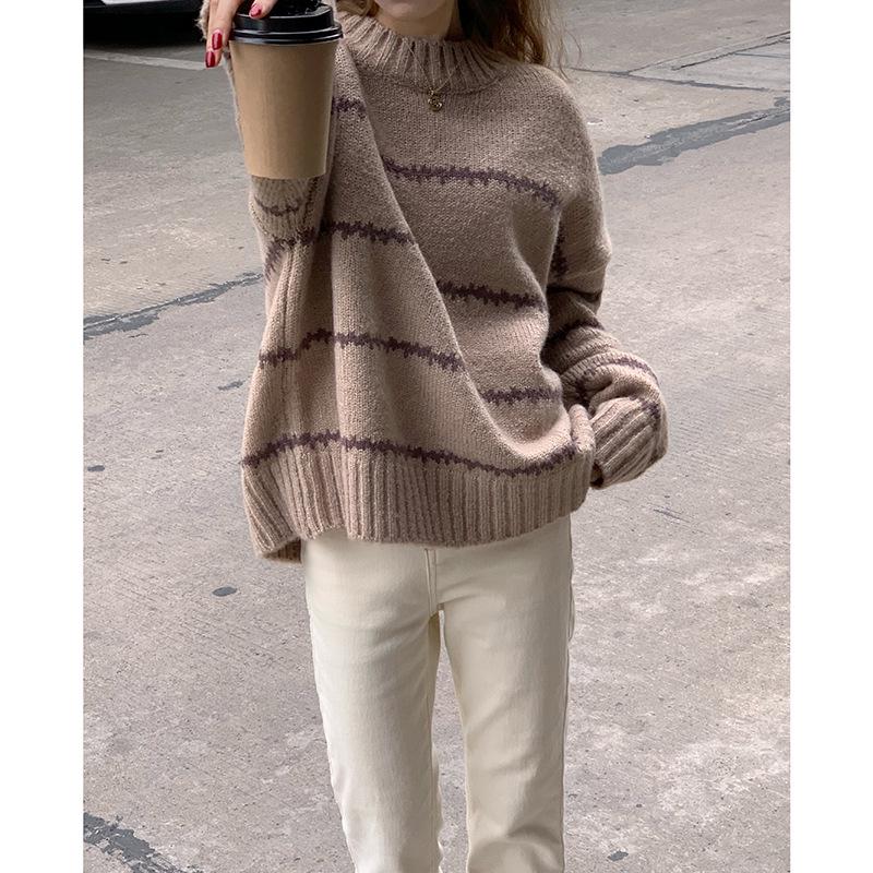 2023 Retro Japanese Striped Half-High Collar Sweater for Women: Thick, Loose, and Long-Sleeved for Autumn and Winter