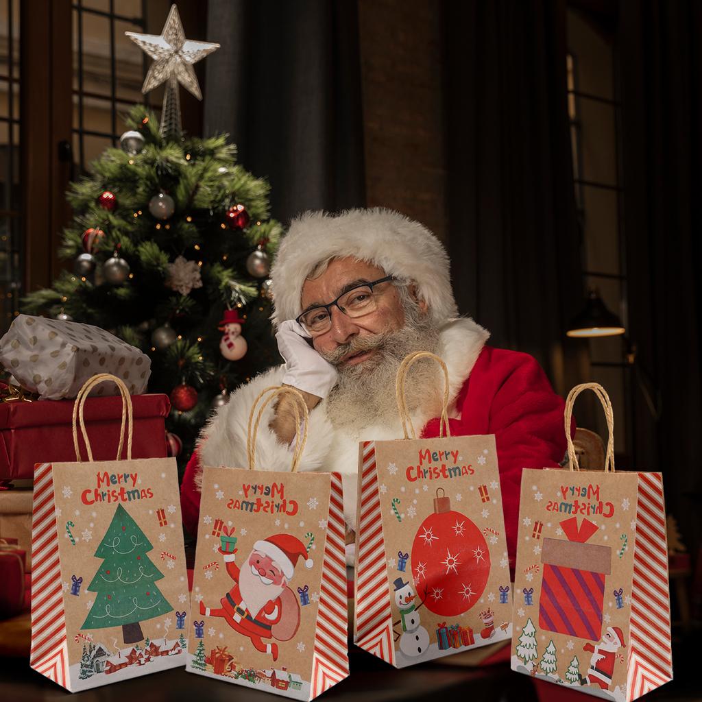 4PCS Christmas Gift Bag Kraft Paper Bags Merry Christmas Decoration 2024 For Home Cristmas Navidad New Year Gifts Packing Bags
