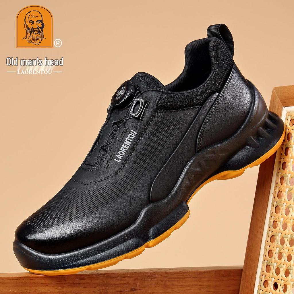 Laorentou Men's Genuine Leather Slip-On Running Shoes with Breathable Mesh and Rotating Buckle.
