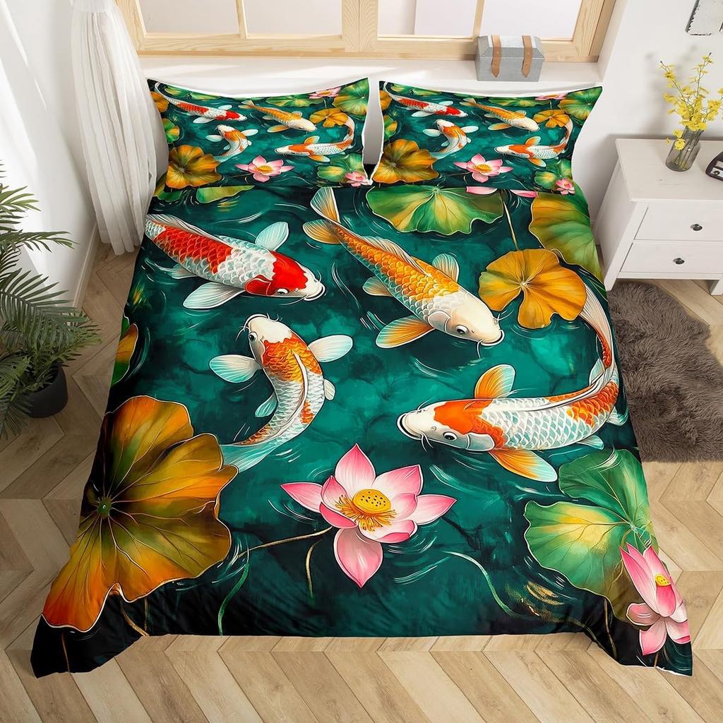 Comforter Koi Fish Full Queen Japanese Cherry Blossom Tree Bedding Set Marine Sealife Comforter For Kids Teen Room Decor