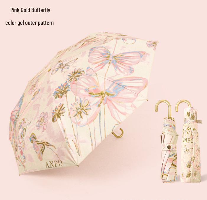 Gold Curved Hook Sunshade Sun & Rain Anti-UV Folding Umbrella for Women