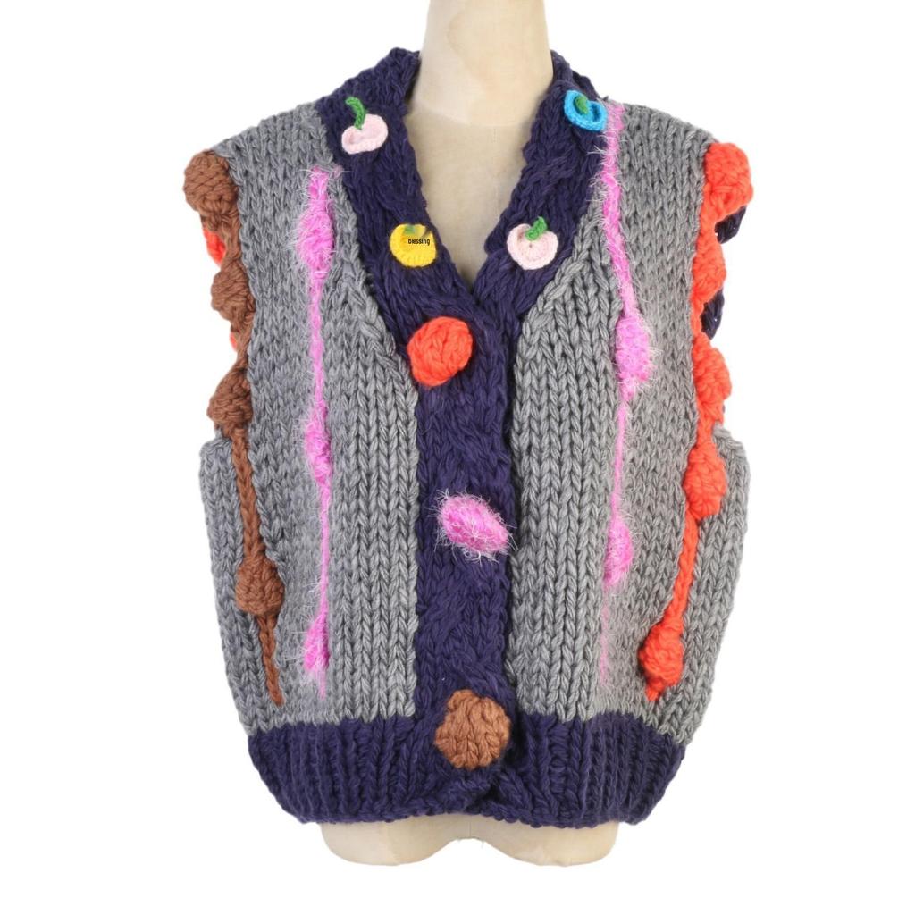 Women's Colorful Flower Knit Vest Sweater - Loose, Thickened, Hand-Crocheted for Layering