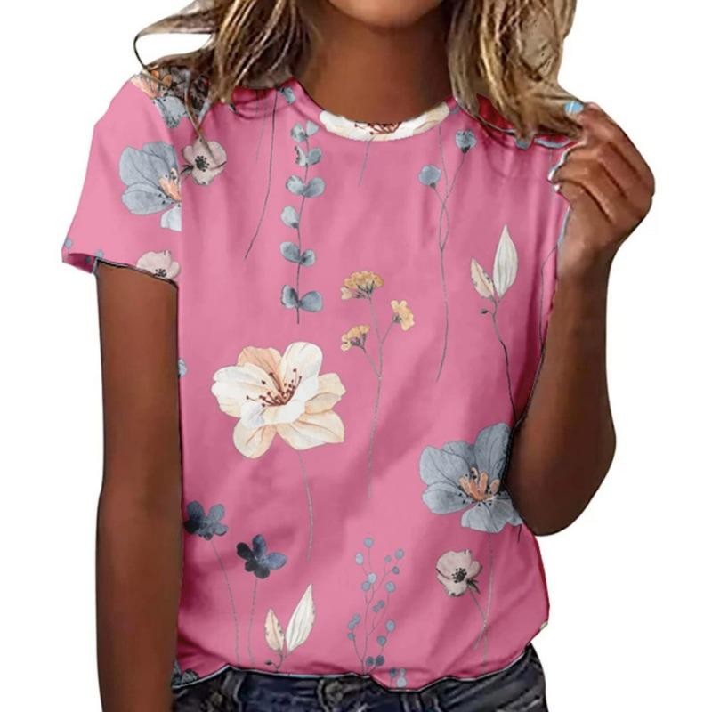 Summer Round Neck 3D Floral Pattern Printed Top Fashionable Casual Short Sleeved Women's T-shirts