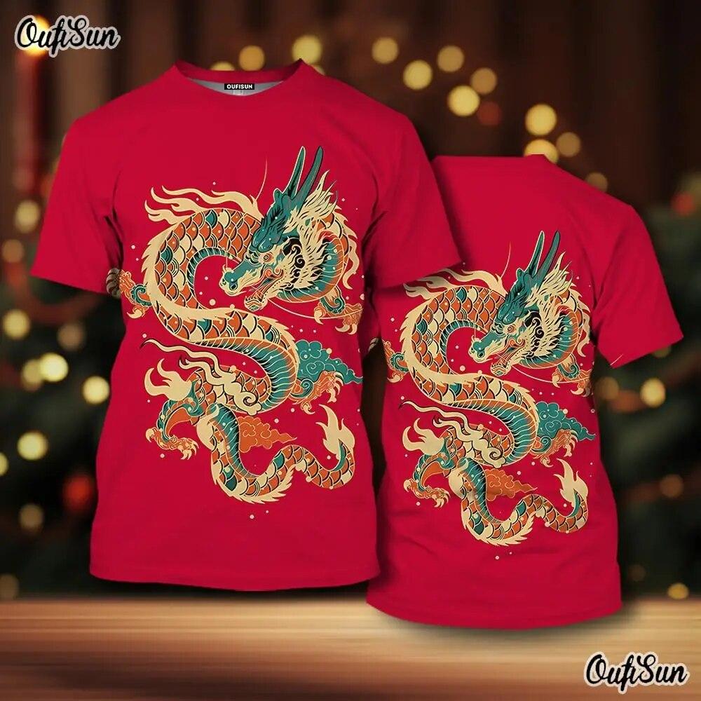 2024 Neujahr Herren T-Shirt Drache 3D-Druck Tiermuster Herren T-Shirt Chinesisches Jahr des Drachen Kurzarm rote Tops