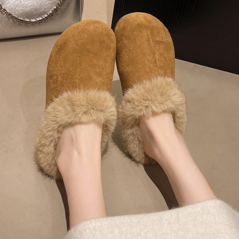 2025 Neue Pelz Damen Hausschuhe Flats Plateau Wildleder Winter Damen Schuhe Designer Leopardenmuster Rundzehen Plüsch Baumwolle Pantoletten