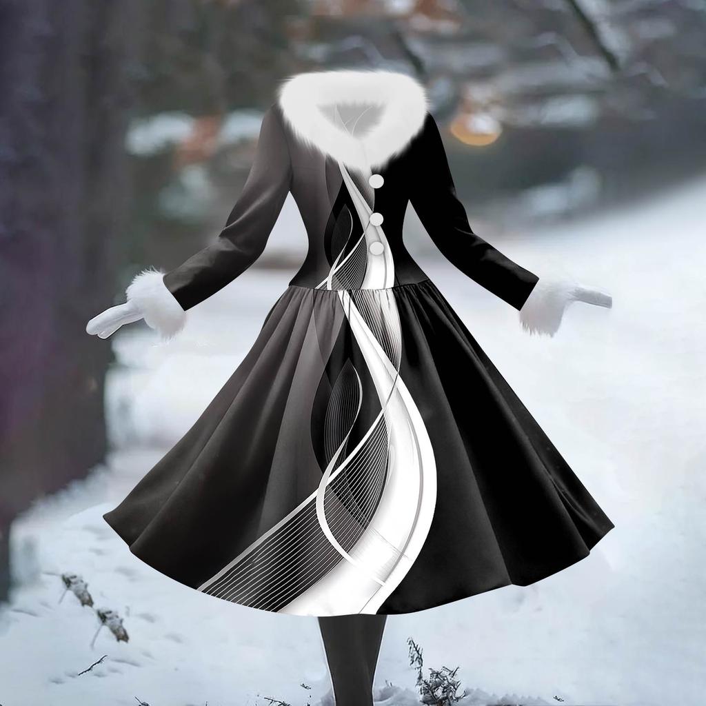 Women's Casual Dress Long-Sleeve V-Neck Patchwork Fleece Christmas Print Dress