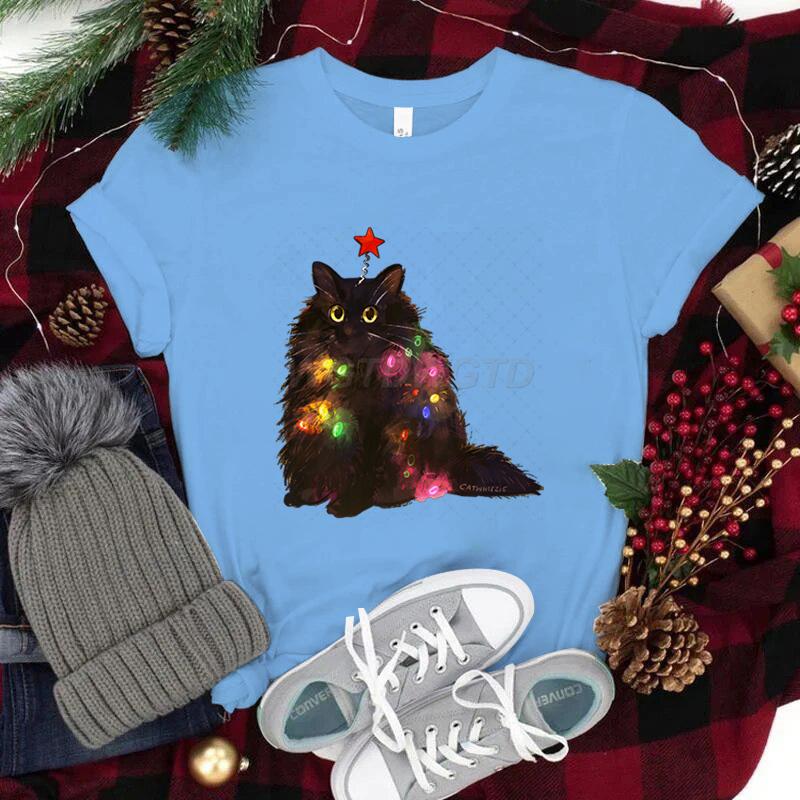 Women Tshirts Christmas Lights Cat Kawaii Cartoon Tops Tees Cute Animal Lover Funny T Shirts Girl Black Cat Fashion Casual Tops