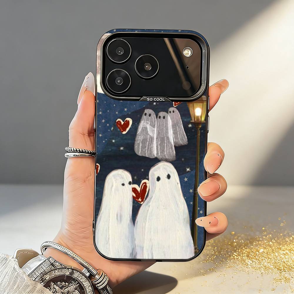 O-Oil Painting C-Cute G-Ghosts Lovely Phone Case For iPhone17 16 15 14 13 12Pro Max Grey Black Matte Laser Metallic Aurora Funda