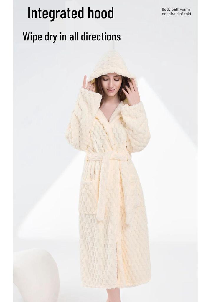 Women's Thickened A-Line Hooded Bathrobe: Pure Cotton, Absorbent & Quick-Drying, Perfect for Autumn/Winter Warmth After Bathing.