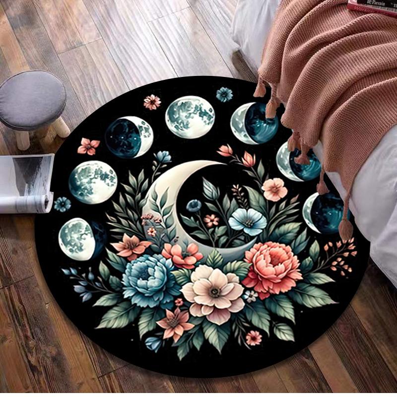 Floral Moon Phase Circular Rug - Office Decorative Carpet For Living Room Bedroom Door Mat Floor Rug Computer Chair Area Rug