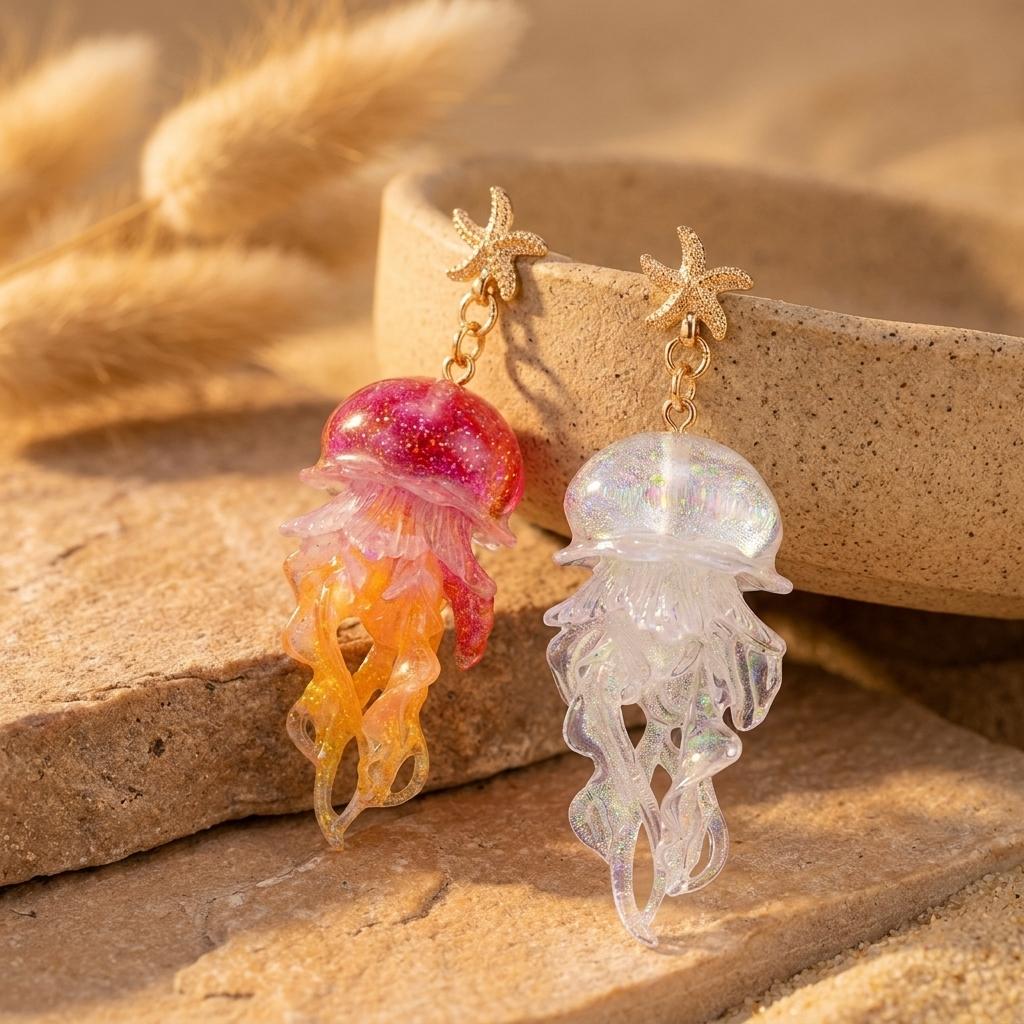 Mermaidcore Gradient Glitter Jellyfish Statement Earrings for Women Boho Gold Color Starfish Ocean Beach Vacation Summer Jewelry