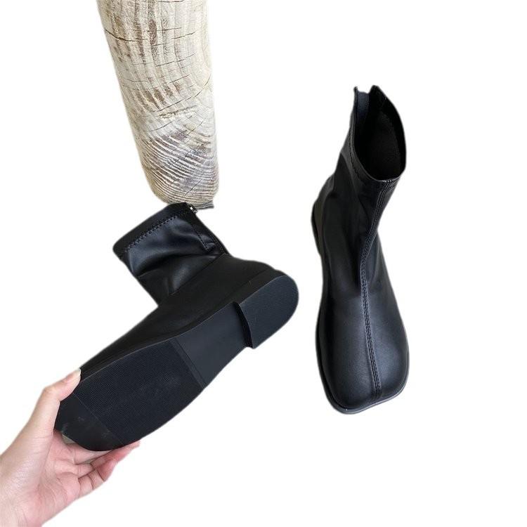 Mango Head Short Boots Women's Spring and Autumn Single Boots 2025 New Square Head Soft Leather Elastic Skinny Chelsea Martin Boots