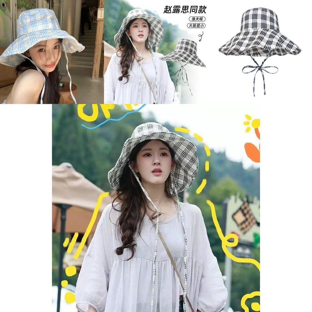 Sun Hat With Wide Brim And Grid Printing Design For Sun Protection Outdoor Casual Summer