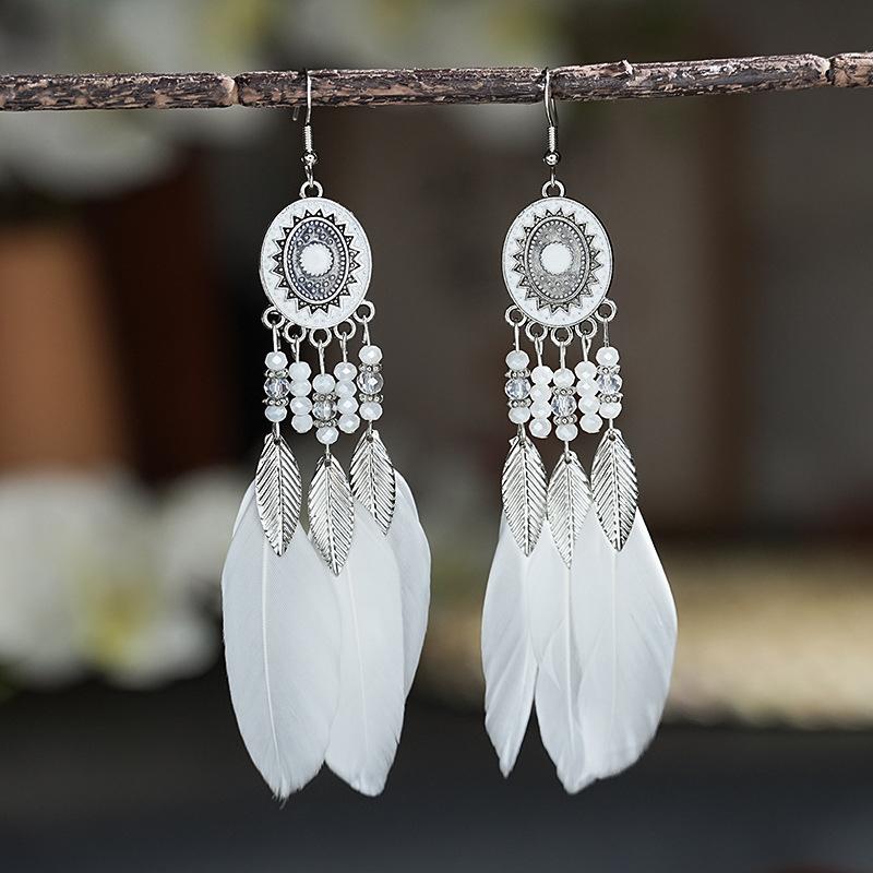 Boho Lange Feder Hängende Ohrringe für Damen Blatt Quaste Kristallperlen Handgefertigt Runde Blume Emaille Hochzeit Braut Schmuck Geschenk
