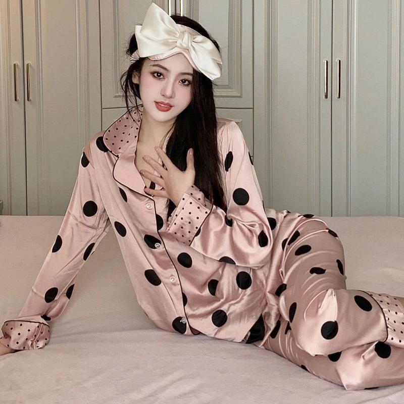 Ice Silk Long-Sleeved Pajamas For Women'S Autumn Girlfriends, Polka Dot Sweet, Can Be Worn Outside, Loungewear Two-Piece Set