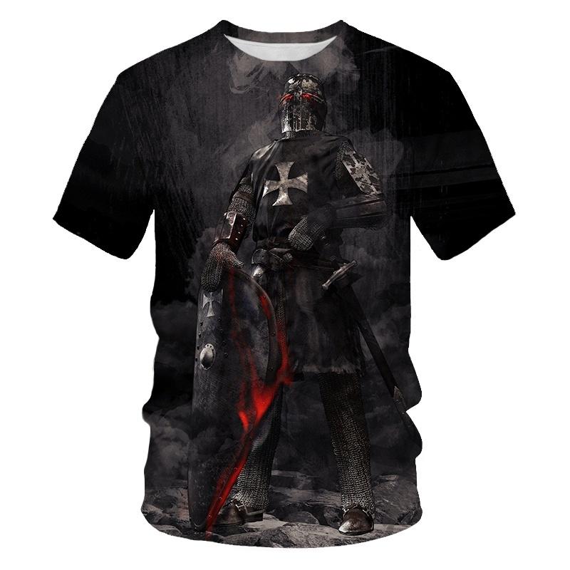 Medieval Knight Templar Print 3D T-shirt Divine Cross Pattern Men's Round Neck Short Sleeve Casual T-shirt Vintage Street Tees