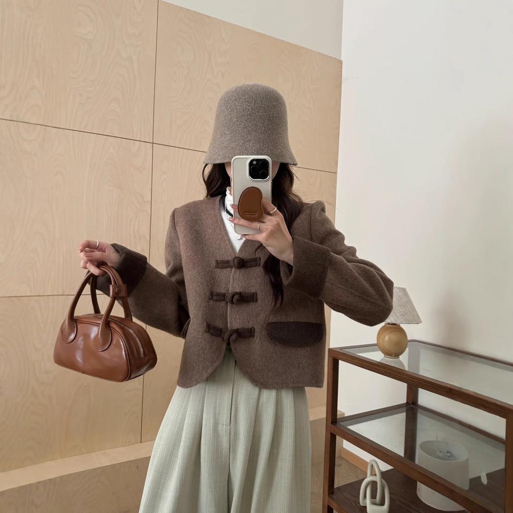 Neuer Kaschmirmantel im chinesischen Stil mit Schnalle für Damen V-Ausschnitt Retro Kontrastierendes Temperament Kurzer Wollmantel