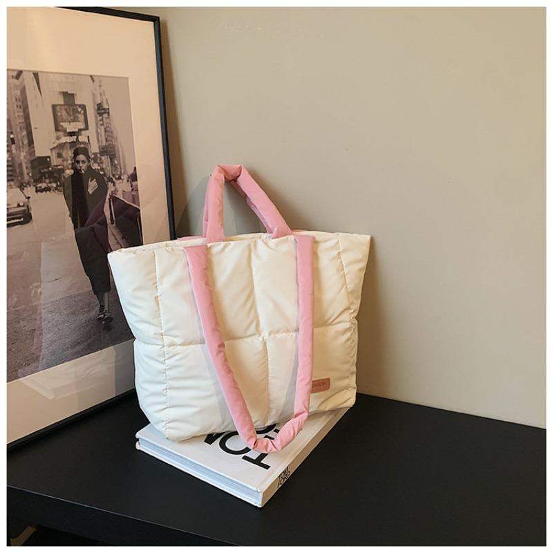 New simple contrasting color portable cotton clothing bag niche personality glossy large capacity shoulder bag