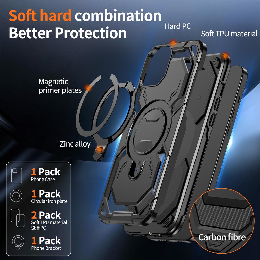 Pro iPhone 14 Magnetický kryt s kroužkem a stojánkem, hybridní kryt telefonu PC + TPU