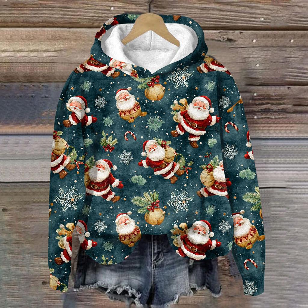 Women's Fashion Long Sleeve Christmas Print Loose Hooded Sweatshirt Top