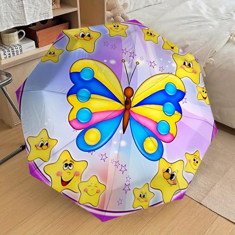1pc Butterfly Stars Decor Fashionable Automatic Opening/Closing Folding Umbrella with 8 Iron Bones, Plastic Handle yy251015028