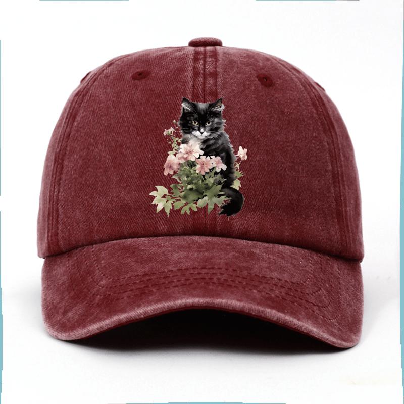 

Kitten with Pink Flowers Print Baseball Cap Casual Adjustable Cotton Outdoor Hat Unisex Cap One Size