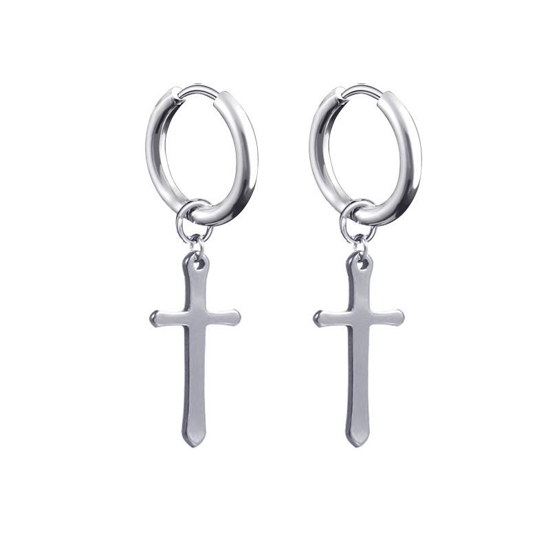 Newest 1 Pair Stainless Steel Cross Pendant Dangle Long Tassel Unisex Hoop Earrings Men/Women Punk Gothic Zircon Best Gifts