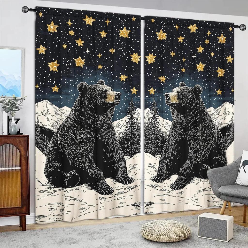 2pcs Starry Bear Pattern Curtain  Blackout  Polyester  for Holiday Window Decor  Home Decor  Rod Pocket Curtain