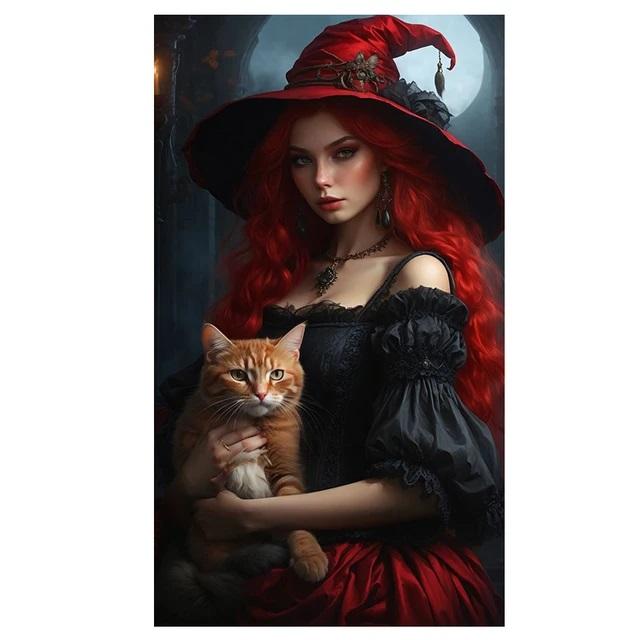 

Большой размер мозаика женщина новинка 2024 DIY полный набор для алмазной живописи искусство ведьма замок луна кошка вышивка крестом стразы round 30x60cm красный