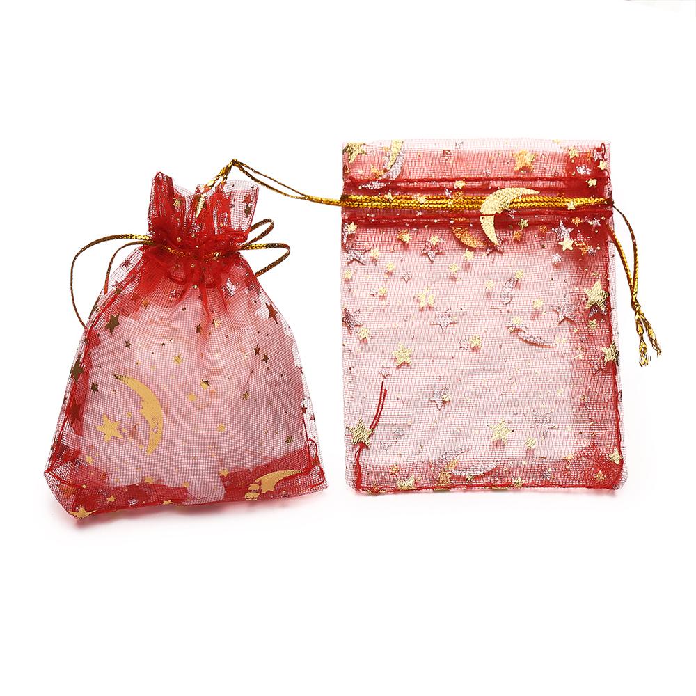 

50pcs/Lot Multiple-sizes Printing Star Moon Christmas Organza Sack Drawstring Charm Packaging Bags Daily Jewelry Package 7 x 9cm красный