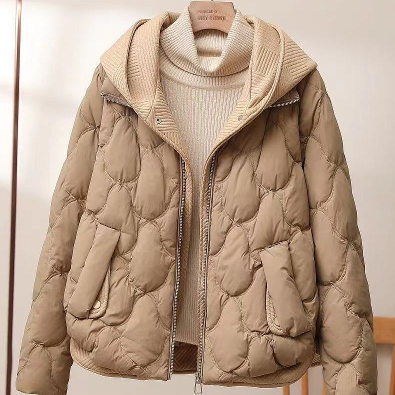 Down jacket women's 2024 new white duck down fake two pieces short hooded winter thickened small fashion coat