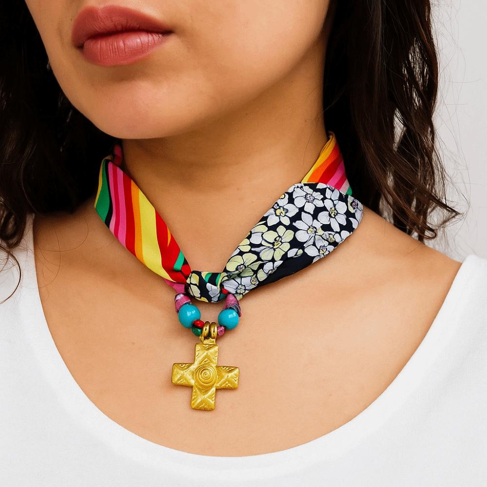 Ethnic Style Flower Scarf Chain Necklace Printing Colorful Headscarf Sweet Pendant Necklace  Gift
