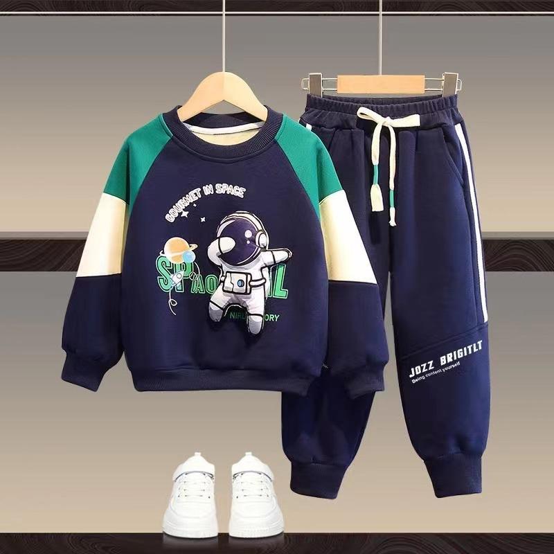 Autumn Winter Plus Velvet Thick Sets Boys Padded Sweater Pants Suit Warm Sports Outfit Children's Sports Clothes 2Pcs