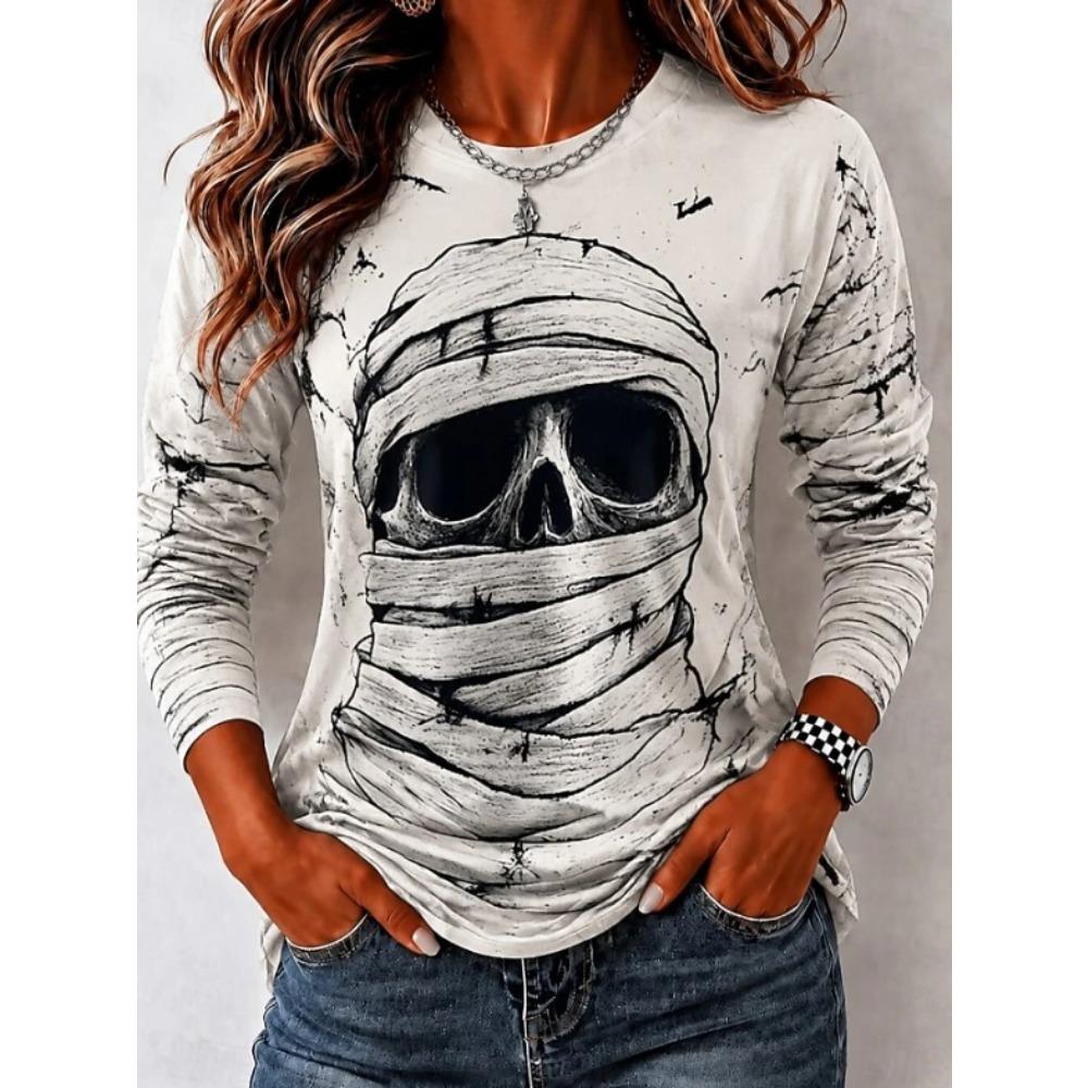 Tops for Women Halloween Print Round Neck Long Sleeve T-shirt Fall Casual Slim Pullover Women's Long Sleeve Top