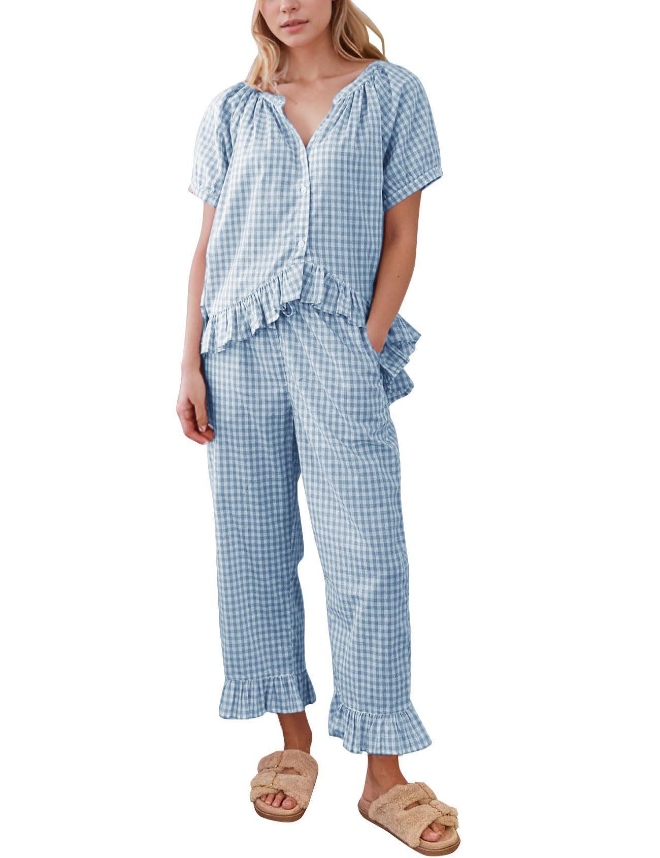 

Women s Pink Checkered Sleepwear Set with Ruffled Neckline and Pockets, Short Sleeve Top and Long Pants S синий